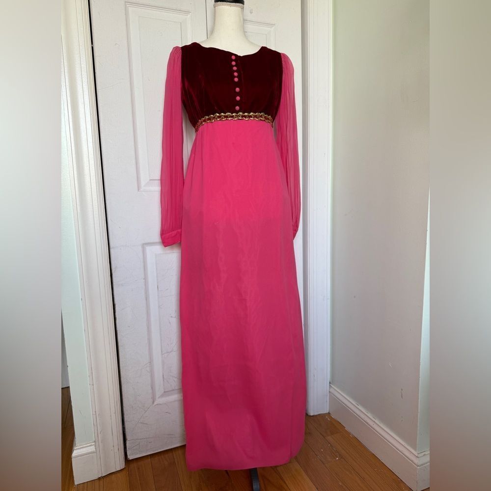 1970s Fuchsia Pink and Red Velvet Holiday Cottagecore Maxi Dress